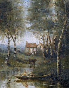 La Rivière en bateau et la maison tekijältä Jean Baptiste Camille Corot